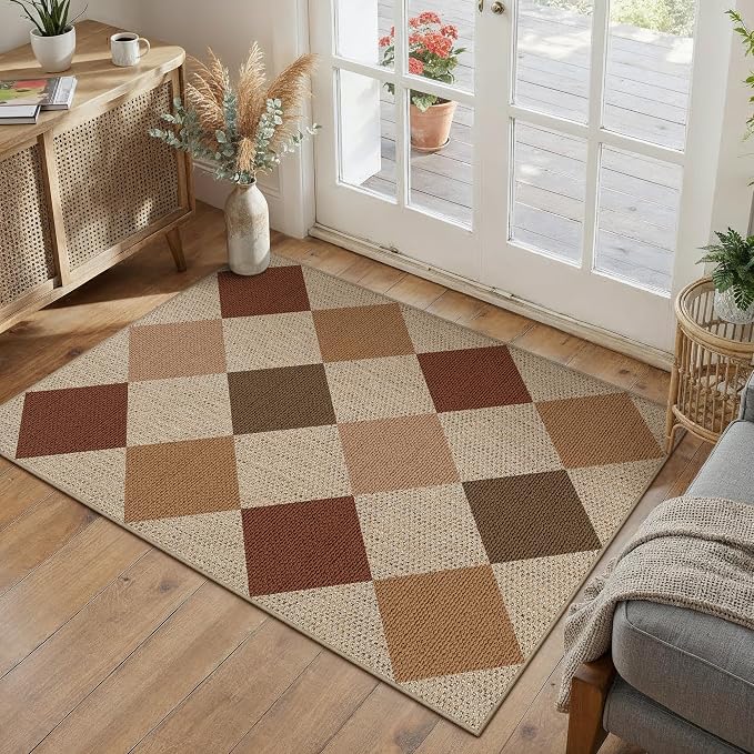 PureCozy 2x3 Checkered Easy Jute Kitchen Front Doormat Non Slip Washable Neutral Area Rug Diamond Non Shedding Low Pile Brown-Beige Checkerboard Floor Carpet for Farmhouse Entryway Porch Doorway