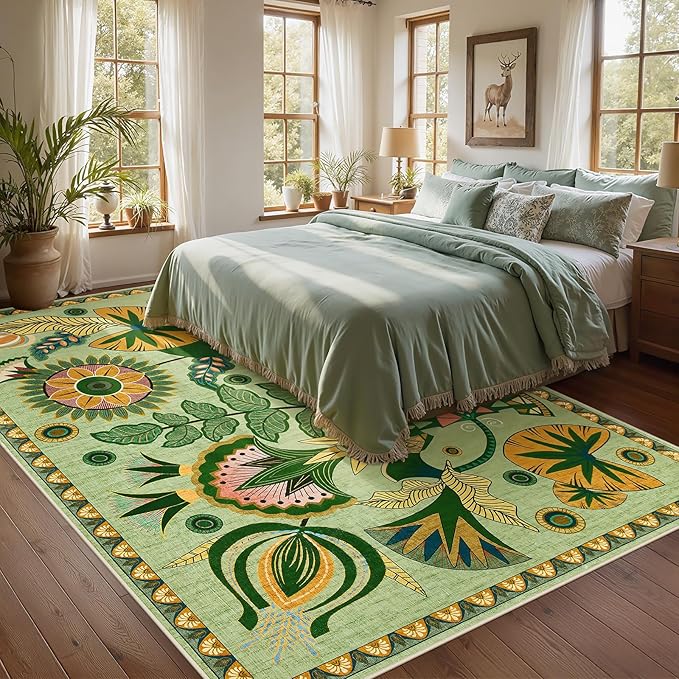Joydeco Egypt Floral Large Washable 9x12 Area Rug for Living Room Bedroom | Boho Botanical Colorful Aesthetic Non Slip Flower Indoor Throw Carpet for Dining Room Office Guest Room Playroom, Sage Green
