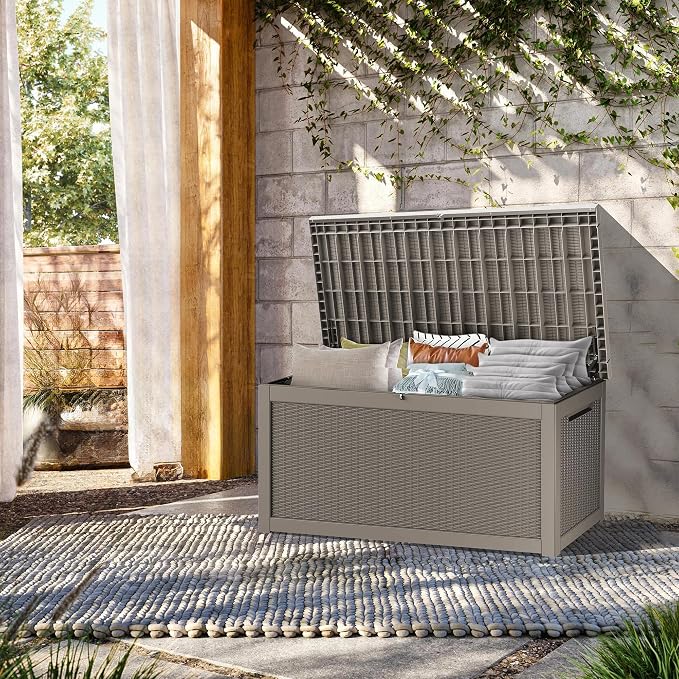 Outdoor Storage Box, 320 Gallon Waterproof Deck Box, Dual Gas-Spring Ultimate Resin Organizer for King Cushions, Heavy-Duty Lockable Estate Storage Bench, Backyard BBQ, Grey