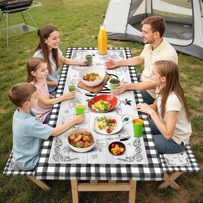 Picnic Table Cover with Bench Covers Elastic,Fitted Table Cloths for Rectangle Tables 6 Foot Washable,Waterproof Tablecloth for Outdoor Camping Essentials Accessories(6 Foot,Checked)