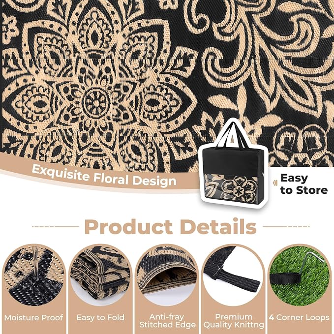 Findosom Waterproof Outdoor Rug 6' x 9' - Reversible Mandala Outdoor Plastic Straw Rug, Durable Foldable Patio Rug for RV, Deck, Balcony, Backyard, Picnic, Porch, Camping, Beach, Black