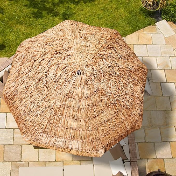 AMMSUN 9ft Hula Thatched Tiki Umbrella Hawaiian Style Beach Patio Umbrella and 8 Ribs with Crank Lift UPF 50+ Outdoor Tiki Bar, Tropical Palapa, Patio Garden Beach Pool Backyard Natural Color