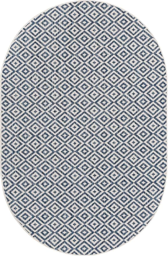 Unique Loom Outdoor Collection Area Rug - Costa Rica (5' 3' x 8' Oval, Blue/ Ivory)