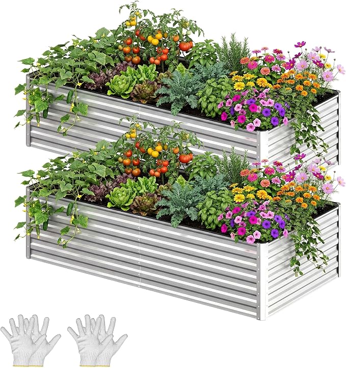 YITAHOME 2pcs 8x4x2ft Galvanized Raised Garden Bed, Metal Planter Box with Safety Rubber, Gloves, Outdoor Flower Bed for Planting Plants Vegetables, Silver