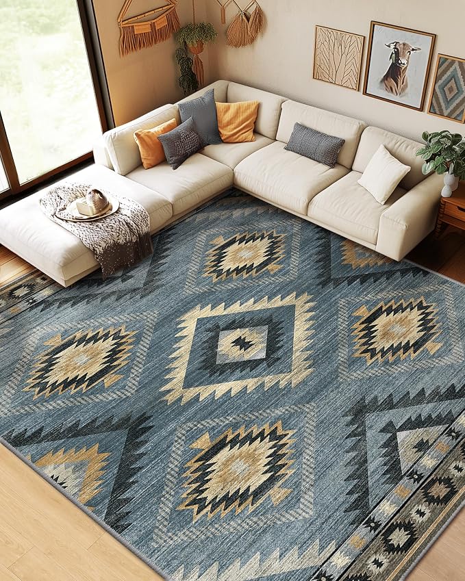 5'x7' Washable Area Rug for Living Room Bedroom Navy/Grey | Soft Western No Slip Low Pile Print Foldable Indoor for Kitchen Dining Room