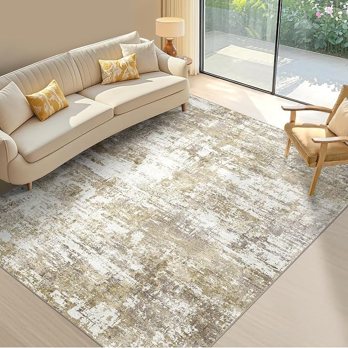 Tortania Area Rug Living Room Rugs - 5x7 Modern Abstract Neutral Large Soft Thin Rugs - Non Slip Indoor Carpet for Bedroom Dining Room Office Nursery Home Floor Decoration - Golden Brown
