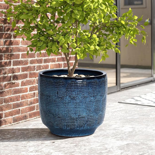 LuxenHome 15.75" Dia Large Ceramic Pots for Plants, Blue Glazed Planters for Outdoor Plants, Round Indoor Flower Pots with Drainage Hole and Rubber Plug for Home Garden Patio