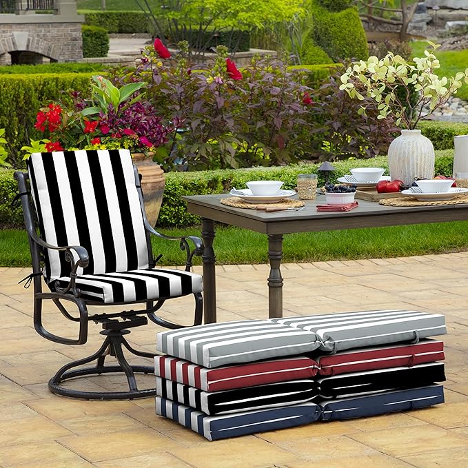 Arden 4-Pack Outdoor Patio Dining Chair Cushion, 20 x 44, Rain-Proof Seat Pad, Fade-Resistant Outdoor Cushion Black Cabana Stripe