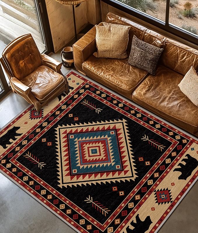 Southwest Rug 7x10 - Native American Bear Cabin Area Rugs for Living Room Bedroom, Rustic Tribal Machine Washable | Non-Slip | Soft Large Carpets, Western Room Decor (Red Tan Black)