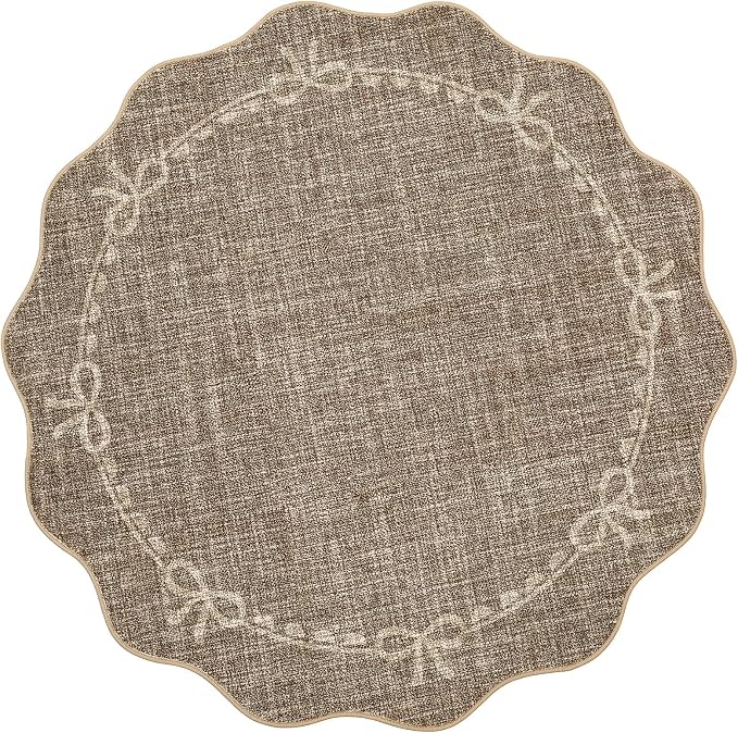 GarveeHome 6ft Round Rugs Washable Scalloped Bow Rug for Bedroom, Brown | Non Slip Soft Low Pile Ultra-Thin Stain Resistant Indoor Carpet for Living Room Nursery Girls Dorm Decor Kids Room Playroom
