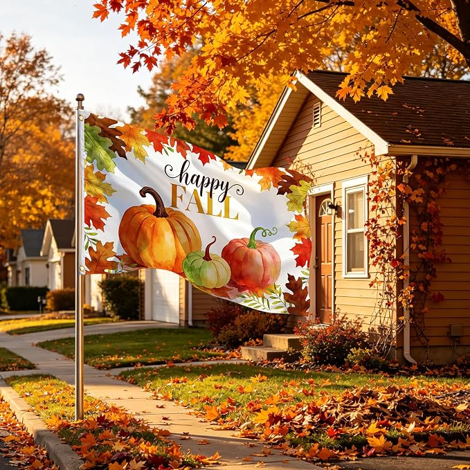 Fall Flag 3x5 Ft Double Sided Happy Fall Banner with White Header Tube & 2 Brass Grommets, Double Stitched Pumpkin Maple Leaf Thanksgiving Decorations for Yard Garden Porch Rustic Holiday Decor