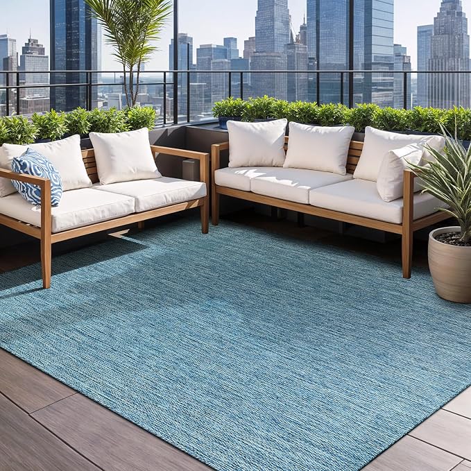 Beverly Rug Indoor Outdoor Rug 8x10, Washable Outside Carpet for Patio, Deck, Porch, Solid Modern Area Rug, Water Resistant, Aqua Blue