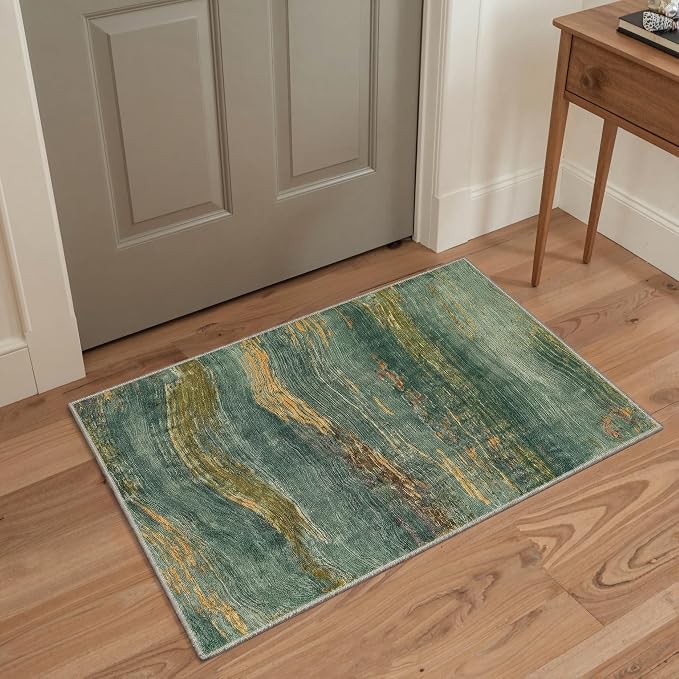 BEIMO 2x3 Washable Doormat Rug for Entryway, Wave Abstract Teal Gold | Soft Machine Washable Modern Area Rug,Streaks Pattern Non Slip Indoor Small Carpet for Entrance,Bathroom, Bedroom