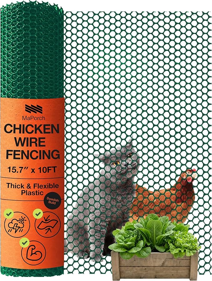Maporch Plastic Chicken Wire Fencing for Pet Protection - 15.7" x 10ft, HDPE Hunter Green Chicken Wire - Garden Fence Animal Barrier for Dogs, Cats and Rabbits (1-Pack) | 15.7" x 10ft - HDPE Home and Garden Netting - UV Resistant - Customizable Balcony...