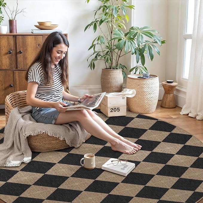 PureCozy Checkered Easy Jute Rugs for Entryway, 3 ft Round Rug Small Indoor Outdoor Circle Carpet, Farmhouse Neutral Textured Diamond Non Slip Non Shedding Black Carpet for Kitchen Front Porch Foyer