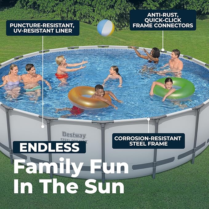 Bestway Steel Pro MAX 18' x 48" Above Ground Swimming Pool Set with Pump | Durable Round Metal Frame Outdoor Backyard Pool, Puncture-Resistant Liner - Ladder and Cover Included, Gray