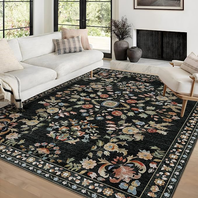 6x9 Area Rugs Washable Floral Rug Non Slip Ultra-Thin Large | Machine Washable Throw Carpet for Living Room Bedroom Dining Room Floor Indoor Low Pile Boho Vintage Black
