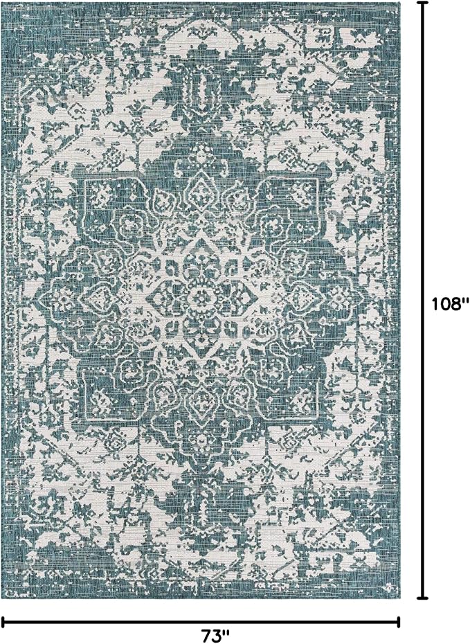 Unique Loom Outdoor Collection Area Rug - Dubai (6' 1" x 9' Rectangle, Teal/ Ivory)