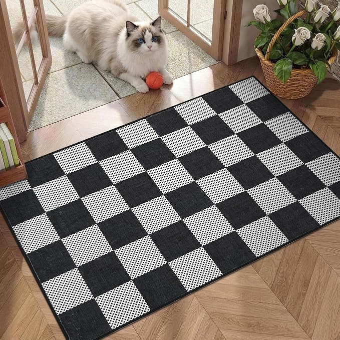 GarveeHome Checkered Black and White 2x3 Washable Rug Low-Pile Door Mat | Small Black and White Soft Stain Resistant Rug for Entryway Bedroom Bathroom Kitchen Non-Slip TPE Backing
