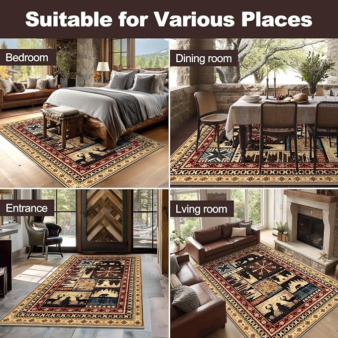 LOKHOM 4x6 Rustic Cabin Area Rug, Washable Western Lodge Bear Entryway Rug | Bear Pattern, Non-Slip, Low Pile, Soft Floor Carpet, Vintage Wildlife Accent, For Living Room Bedroom Nursery