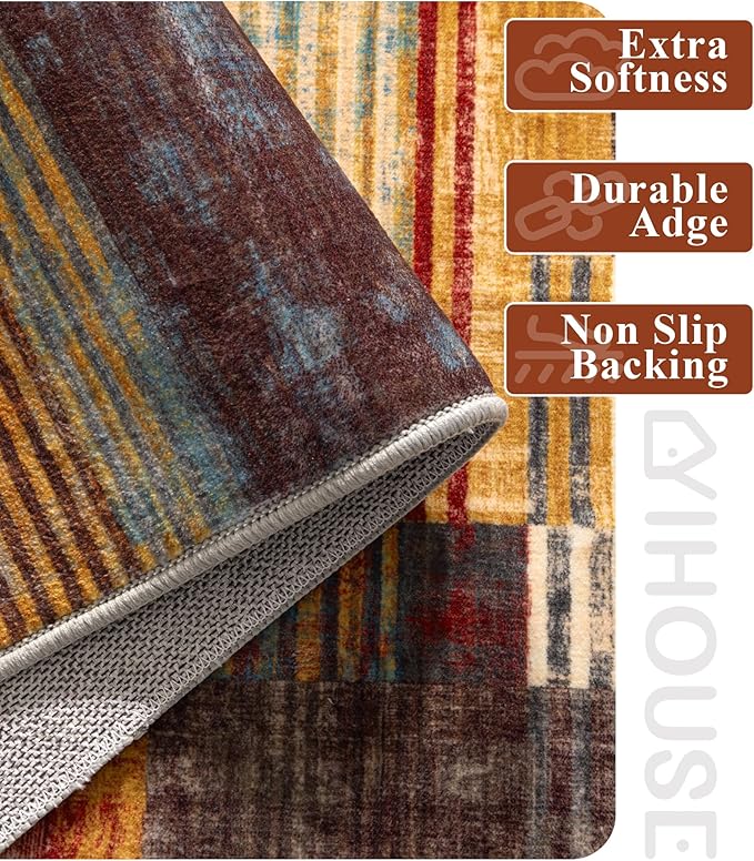 Brown Area Rug 3x5, Farmhouse Rugs Washable,Vintage Burgundy Carpets for Bedroom,Burnt Orange Area Rug Non Slip,Geometric Boho Rug for Kitchen,Dining Room