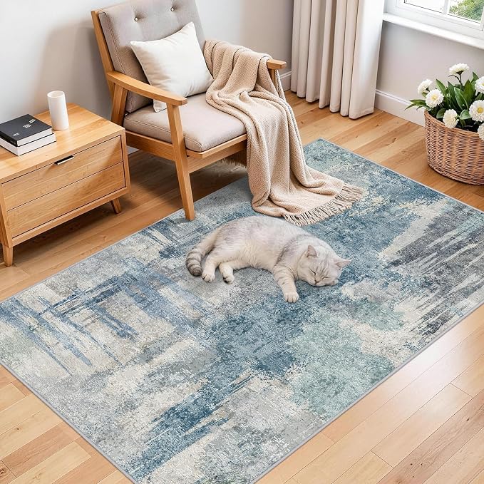 Abstract 3x5 Entryway Area Rugs: Machine Washable Anti-Slip Cozy Rug Blue | Soft Low Pile Small Modern Carpet for Bedroom, Entryway, Kitchen - Indoor Floor Mat Home Decor 3x5 Blue