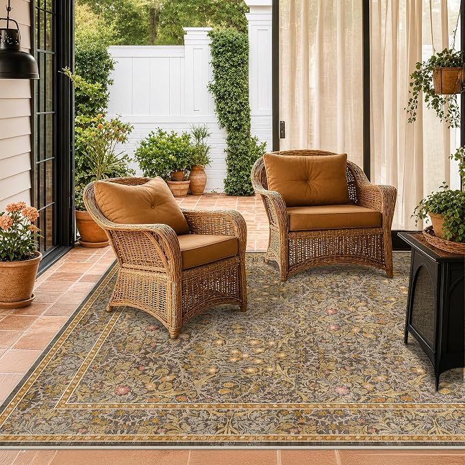 Gold Brown Floral Living Room Rug 5x7 - Vintage Forest Washable Area Rugs for Dining Room, Bedroom, Oriental Distressed Low Pile Non Slip Stain Resistance Indoor Earthy Carpet