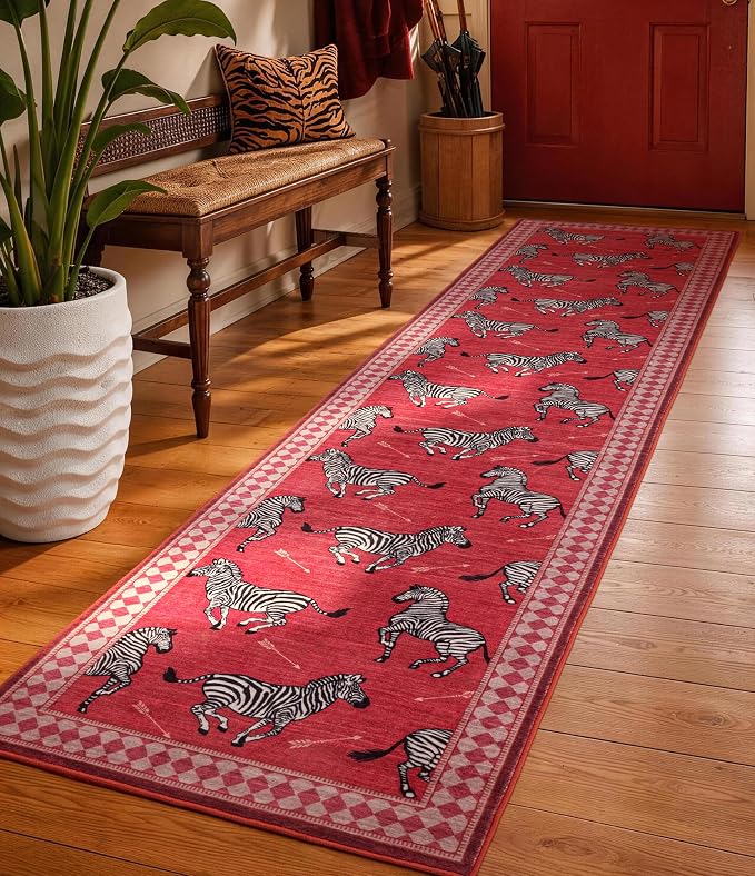YIHOUSE Zebra Hallway Runner Rug 2×8, Washable Animal Print Rug with Checkered Border, Non-Slip Low Pile Mid-Century Modern Carpet for Kitchen, Entryway, Living Room, Bedroom, Red
