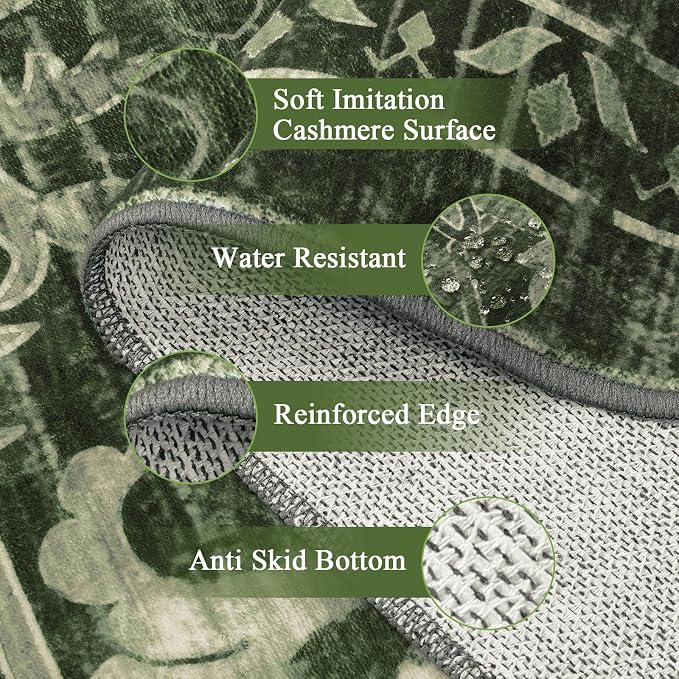 U'Artlines Boho Vintage Area Rug 8x10 Machine Washable Carpet, Dark Green | Low Pile, Non Slip, Ultra-Thin Soft Floor Carpet, Accent Rug for Living Room Bedroom Dining Room Office