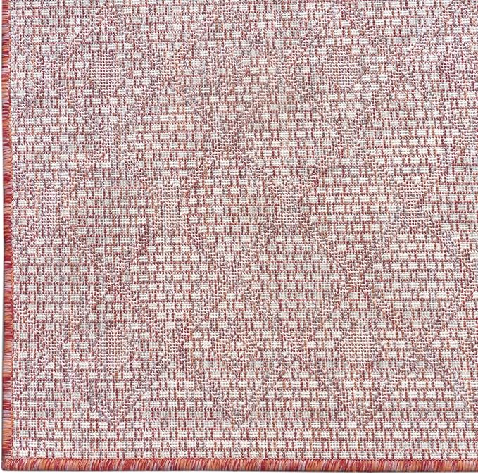Unique Loom Outdoor Trellis Collection Area Rug - Tribal Trellis (5' 3" Square, Rust Red/ Ivory)