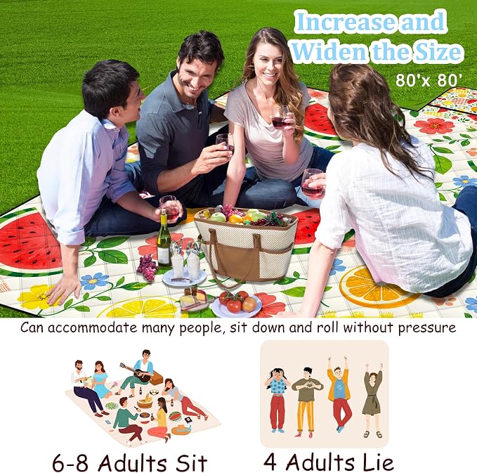 Extra Large Picnic Blanket Waterproof,80"x 80"Foldable Machine Washable Outdoor Blanket,Fruit Beach Blanket for 6-8 Adults,Picnic Mat Suitable for Indoor Crawling,Park Beach,Camping,Hiking,Travel