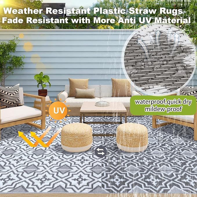 Alfolo Outdoor Rug for Deck 8x10 Waterproof,Outdoor Plastic Straw Camping Rug Reversible Mat for for Patio,Porch, Balcony Rv Camping Mat Outside Mat Indoor Outdoor Area Rug (Grey&White, 8'x10')