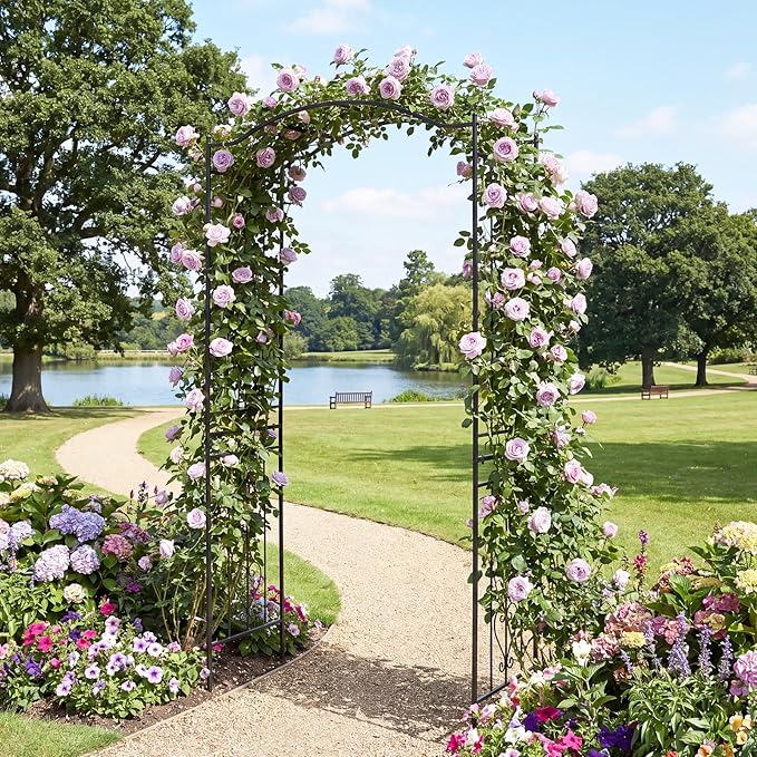 Giantex Metal Garden Arbor, 7.5 FT Heavy Duty Arch Trellis for Climbing Plants, Decorative Outdoor Garden Archway with Pointed Legs, Wedding Arbor for Party, Backyard, Lawn, Ceremony Decoration