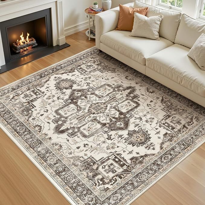 Vintage Washable 5x7 Area Rug for Living Room, Dark Brown | Soft Low Pile Rug with Non-Slip Backing, Stain Resistant for Bedroom or Dining Room, Kid & Pet Friendly