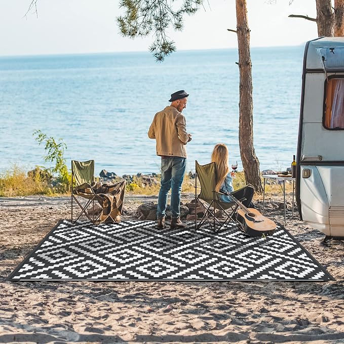 GENIMO Outdoor Rug for Patio Clearance,9'x12' Waterproof Large Mat,Reversible Plastic Camping Rugs,Rv,Porch,Deck,Camper,Balcony,Backyard,Black & White