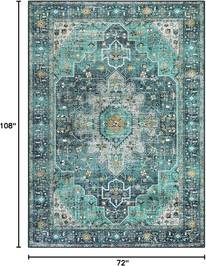 Moynesa Ultra-Thin Washable Vintage Area Rug - 6x9 Teal Large Dining Room Rug for Bedroom, Non-Shed Living Room Mat, Indoor Oriental Medallion Hardwood Floor Carpet for Office Home Decor