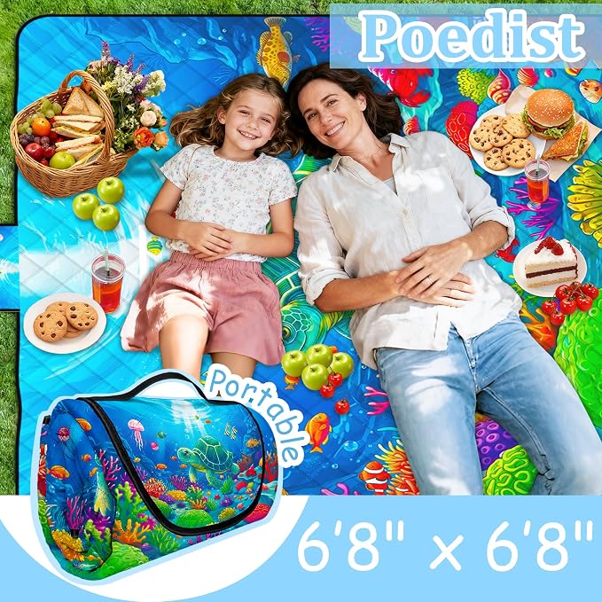 Poedist Extra Large Picnic Blanket Waterproof,80"x 80"Foldable Machine Washable Beach Blanket,Outdoor Blanket for 6-8 Adults, for Indoor Crawling,Park Beach,Camping,Hiking,Family Travel(Sea Turtle)