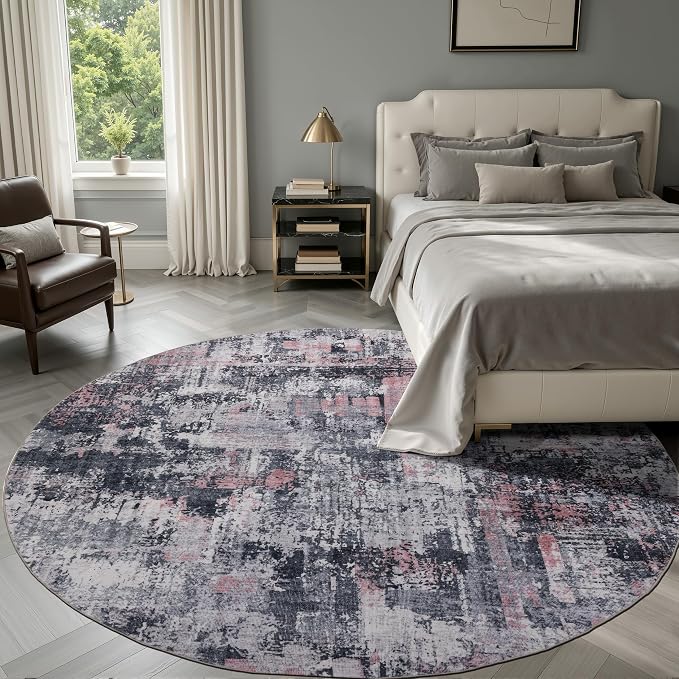 Sasttie 6ft Round Area Rug, Modern Abstract Circle Carpet, Black & Pink | Machine Washable, Ultra-Soft Faux Wool, Low Pile, Non-Slip, Lightweight, Thin, for Living Room, Bedroom, Dinning Room & Dorm