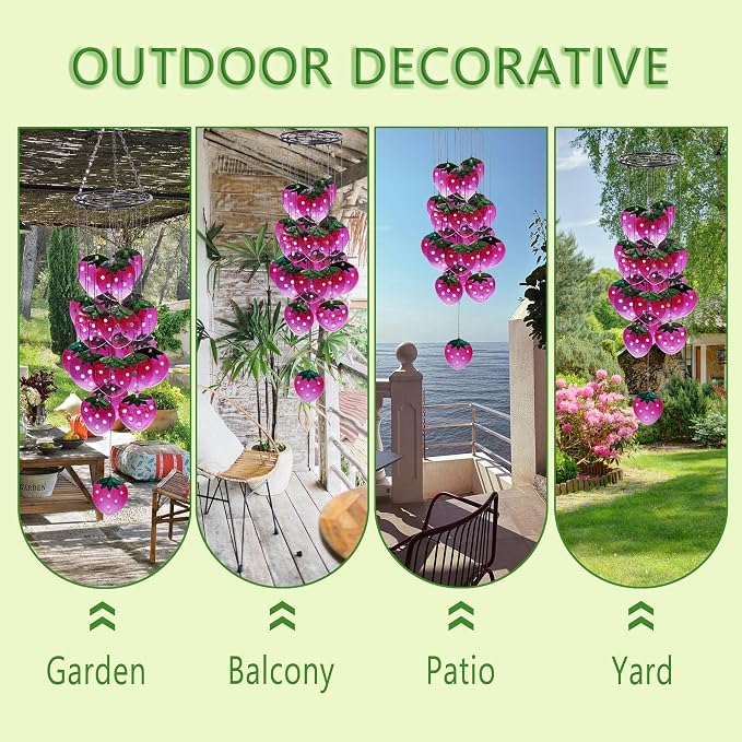 Small Sea Glass Wind Chimes for Outside, Strawberry Windchimes Outdoors Unique, Sea Glass Art Wind Chimes Outdoor Gifts for Women, Hanging Outdoor Garden Decor