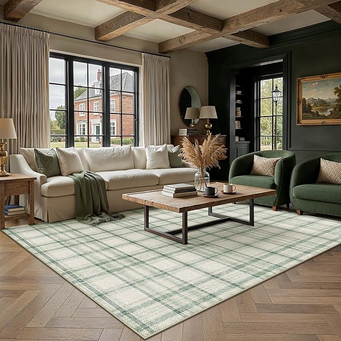 6x9 Green Plaid Living Room Area Rug | Washable, Low Pile, Modern, Neutral, Soft, Non Slip, Rug for Bedroom Dining Room Nursery Office Indoor Home Decor