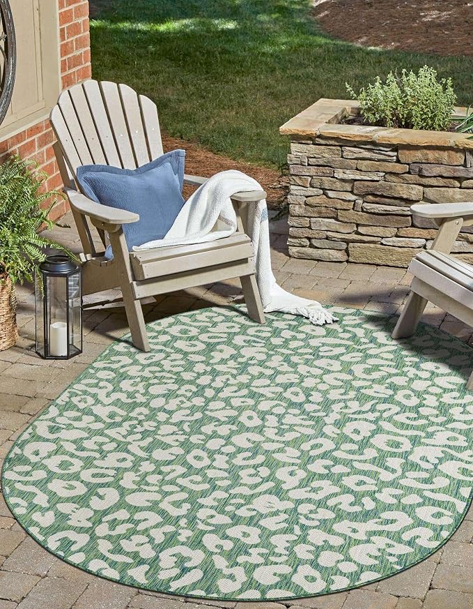 Unique Loom Outdoor Safari Collection Area Rug - Leopard (5' 3" x 8' Oval Green Blue/Ivory)