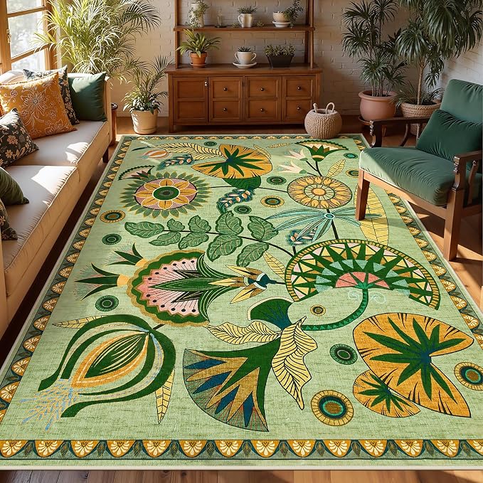 Joydeco Egypt Floral Large Washable 9x12 Area Rug for Living Room Bedroom | Boho Botanical Colorful Aesthetic Non Slip Flower Indoor Throw Carpet for Dining Room Office Guest Room Playroom, Sage Green