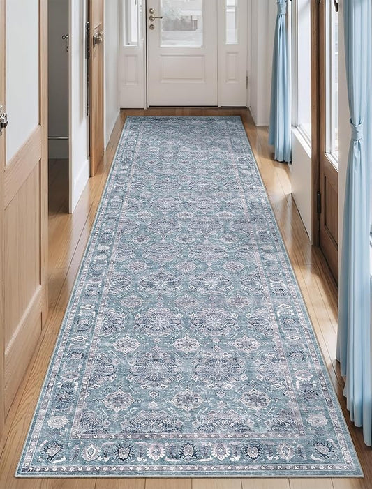SERISSA 2'6"x10' Washable Non Slip Floral Boho Runner Rug for Hallway | Ultra Soft Vintage Floral Carpet Low-Pile Blue Grey Indoor Mat Throw Rug for Kitchen Stair Bedroom Bathroom Laundry Room