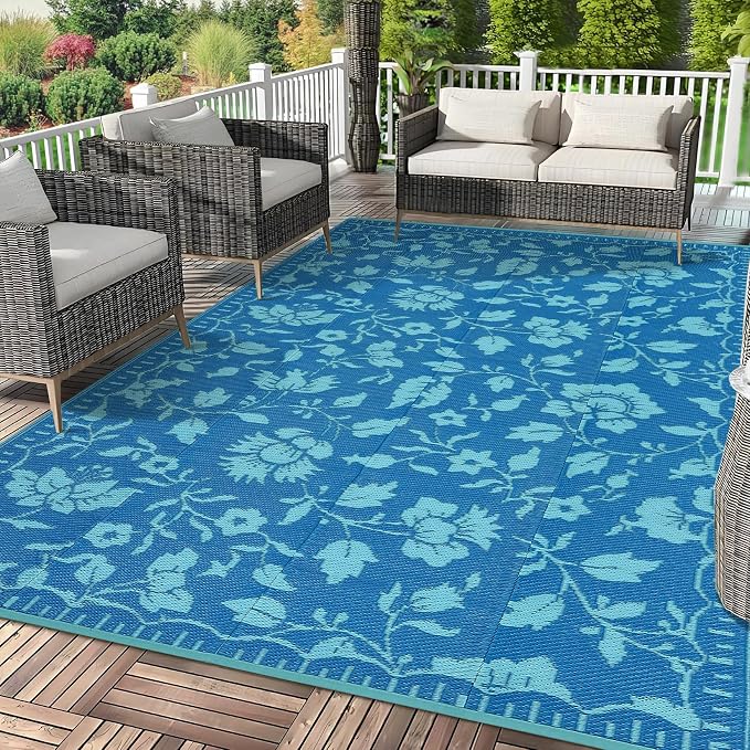 Garvee 6x9 Outdoor Patio Rug, Floral Waterproof Outdoor Rug for Camping with Portable Bag, Vintage Plastic Straw RV Rugs for Outside, Reversible Mats for Picnic Backyard Porch Balcony, Dark Blue