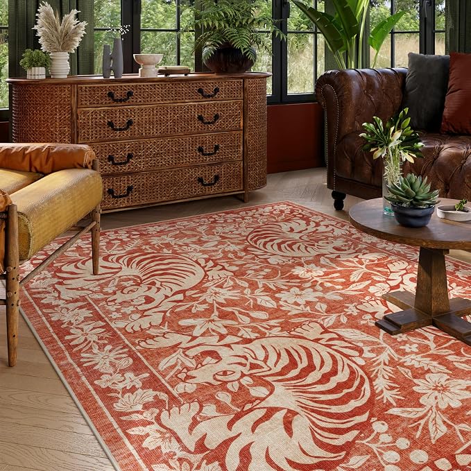 LIVEBOX Washable Tiger Rug 5x7, Non-Slip Terracotta Rug for Living Room, Vintage Jungle Animal Floor Carpet Cool Terracotta Retro Area Rugs for Bedroom Dining Room Nursery Office Dorm