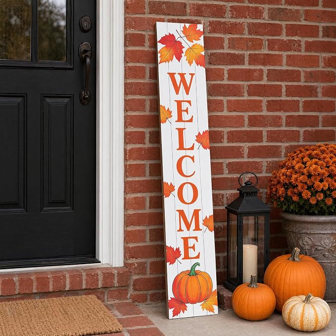 Fall Welcome Porch Sign | Vertical Wooden Welcome Sign with Pumpkin & Maple Leaves | Farmhouse Autumn Thanksgiving Harvest Decor | Front Door Indoor/Outdoor Home Decoration