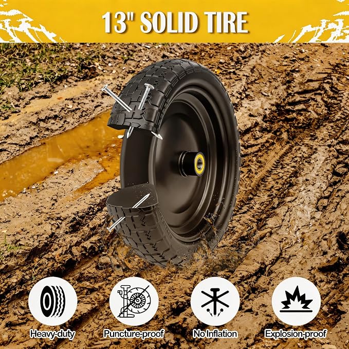 13" G orilla Cart Tires Flat Free, 396LB Capacity, with 5/8" Axle Bore Hole, 2.2" Offset Hub, Solid Rubber Tire for GOR Garden Cart, Trolleys, Hand Trucks, Yard Trailers, 4 Pack
