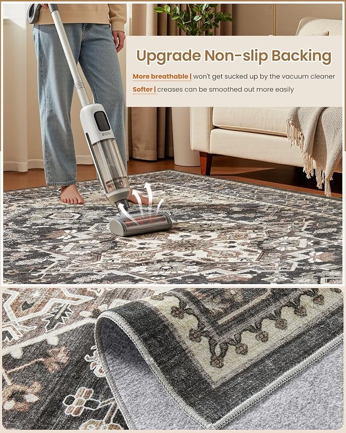 Washable Area Rug-6X6 Vintage Neutral Soft Black | Non Slip Thin Foldable Large Floor Carpet for Living Room Bedroom Kitchen Dining Room Home Office Farmhouse Indoor