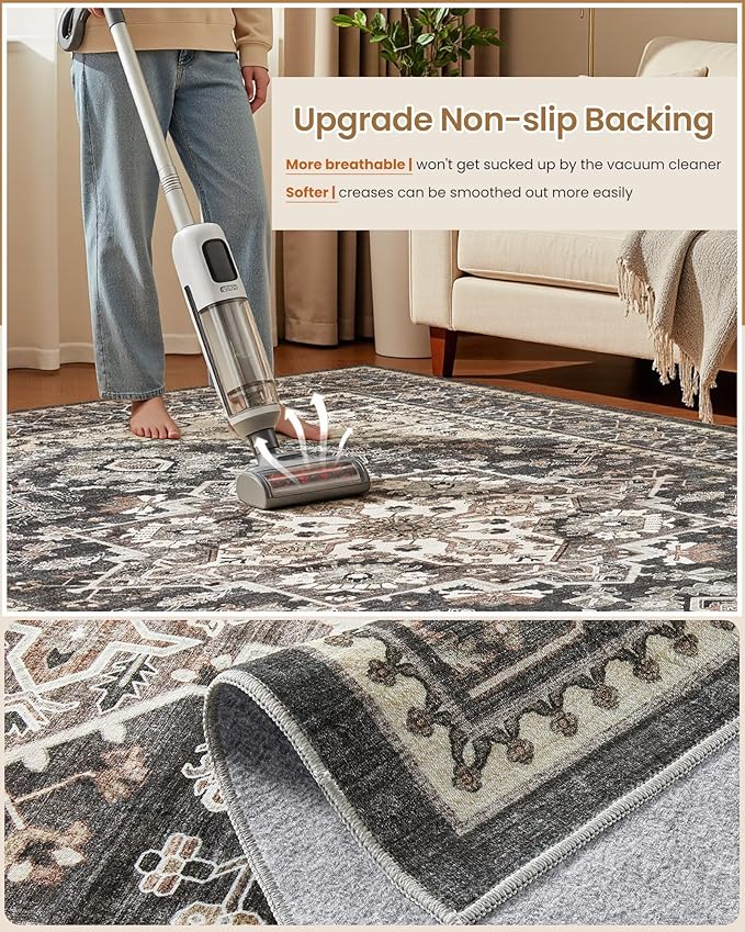 Washable Area Rug-9X12 Vintage Neutral Soft Black | Non Slip Thin Foldable Large Floor Carpet for Living Room Bedroom Kitchen Dining Room Home Office Farmhouse Indoor