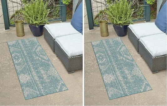 Unique Loom Outdoor Bohemian Collection Area Rug - Anthro (2' x 4' Runner Light Aqua/Ivory) (Pack of 2)